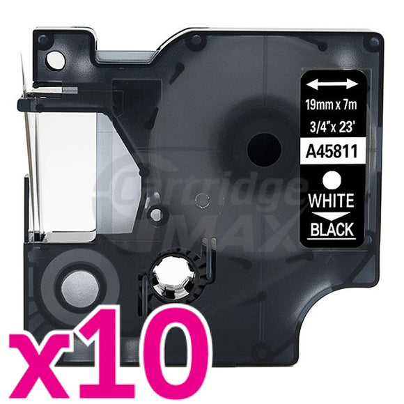 10 x Dymo SD45811 / S0720910 Generic 19mm White Text on Black Label Cassette - 7 meters