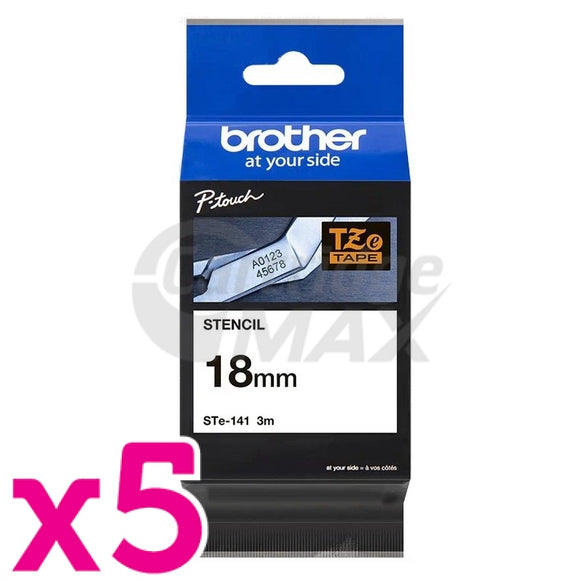 5 x Brother STe-141 Original 18mm Black Text on Clear Stencil Tape - 3 metres