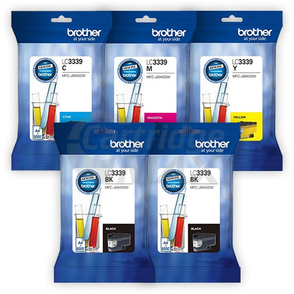 5 Pack Brother LC-3339XL Original High Yield Ink Cartridge Combo [2BK, 1C, 1M, 1Y]