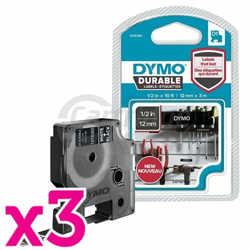 3 x Dymo SD1978365 Original 12mm x 3m White On Black D1 Durable Label Tape