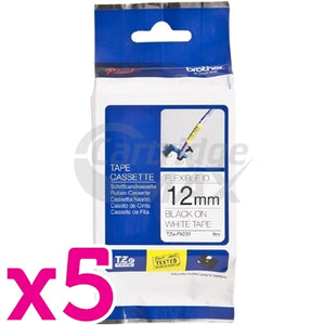 5 x Brother TZe-FX231 Original 12mm Black Text on White Flexible ID Laminated Tape - 8 metres