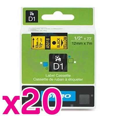 20 x Dymo SD45018 / S0720580 Original 12mm Black Text on Yellow Label Cassette - 7 meters
