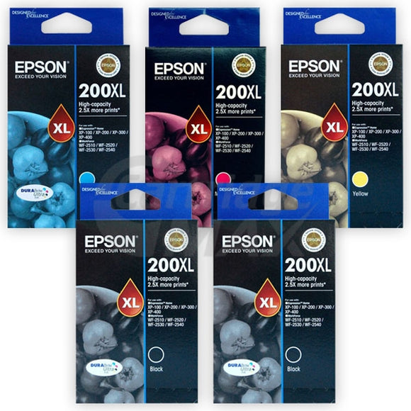 5 Pack Epson 200XL (C13T201192-C13T201492) Original High Yield Inkjet Cartridges [2BK,1C,1M,1Y]