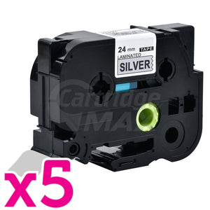 5 x Brother TZe-951 Generic 24mm Black Text on Silver Laminated Tape - 8 meters
