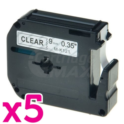 5 x Brother M-K121 Generic 9mm Black Text on Clear Tape - 8 meters