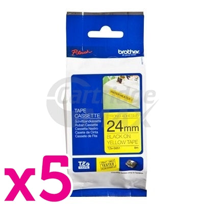 5 x Brother TZe-S651 Original 24mm Black Text on Yellow Strong Adhesive Laminated Tape - 8 metres