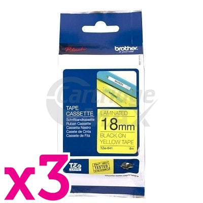 3 x Brother TZe-641 Original 18mm Black Text on Yellow Laminated Tape - 8 meters