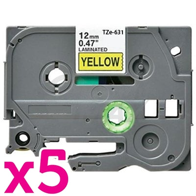 5 x Brother TZe-631 Generic 12mm Black Text on Yellow Laminated Tape - 8 meters