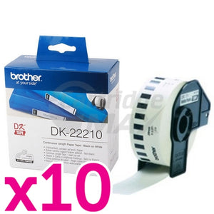 10 x Brother DK-22210 Original Black Text on White Continuous Paper Label Roll 29mm x 30.48m