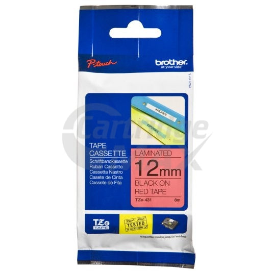 Brother TZe-431 Original 12mm Black Text on Red Laminated Tape - 8 meters