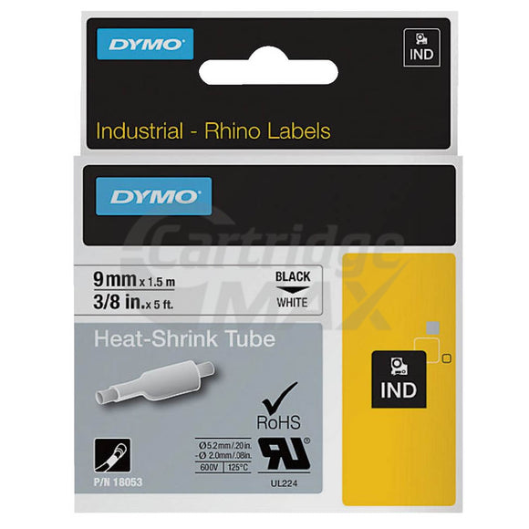Dymo SD18053 Original 9mm Black Text on White Heat-Shrink Tube Industrial Rhino Label Cassette - 1.5 meters