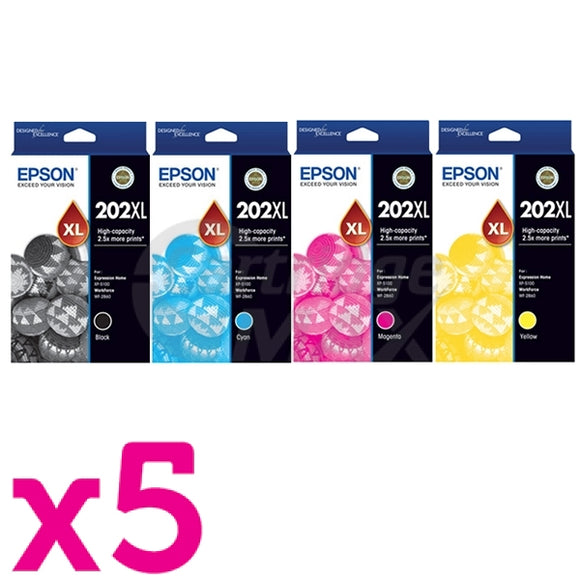 20 Pack Original Epson 202XL (C13T02P192-C13T02P492) High Yield Ink Combo [5BK,5C,5M,5Y]
