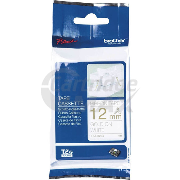 Brother TZe-R234 Original 12mm Gold Text on White Ribbon Tape - 4 metres