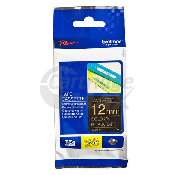 Brother TZe-334 Original 12mm Gold Text on Black Laminated Tape - 8 meters