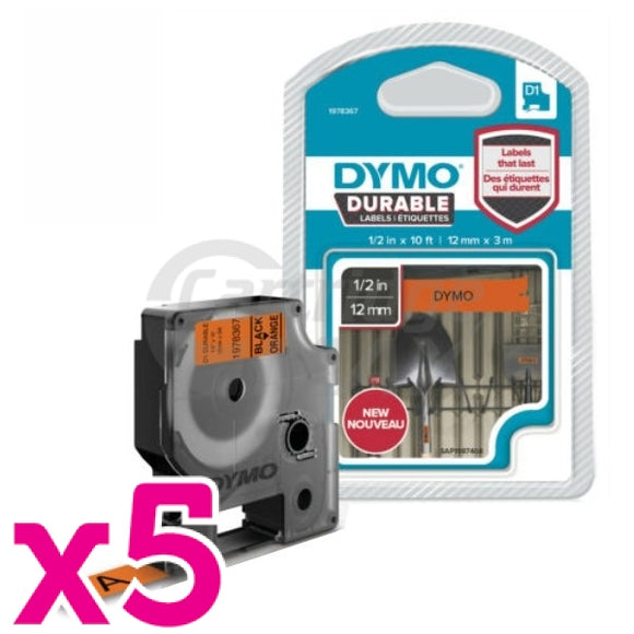 5 x Dymo SD1978367 Original 12mm x 3m Black On Orange D1 Durable Label Tape