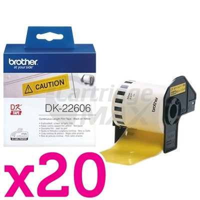 20 x Brother DK-22606 Original Black Text on Yellow Continuous Film Label Roll 62mm x 15.24m