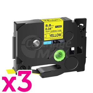 3 x Brother HSe-621 Generic 8.8mm Black Text on Yellow Heat Shrink Tube Tape - 1.5 meters