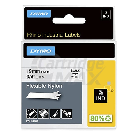 Dymo SD18489 Original 19mm Black Text on White Flexible Nylon Industrial Rhino Label Cassette - 3.5 meters