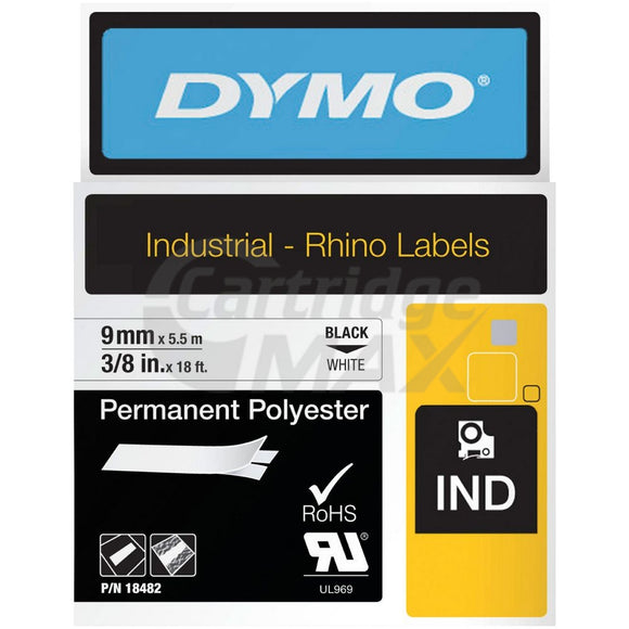 Dymo SD18482 Original 9mm Black Text on White Permanent Polyester Industrial Rhino Label Cassette - 5.5 meters