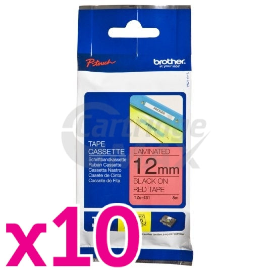 10 x Brother TZe-431 Original 12mm Black Text on Red Laminated Tape - 8 meters