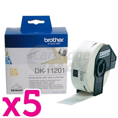5 x Brother DK-11201 Original Black Text on White 29mm x 90mm Die-Cut Paper Label Roll - 400 labels per roll