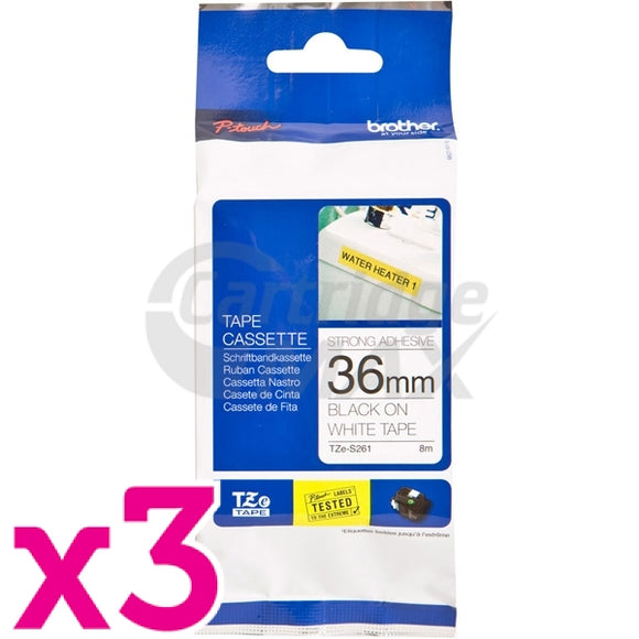 3 x Brother TZe-S261 Original 36mm Black Text on White Strong Adhesive Laminated Tape - 8 metres