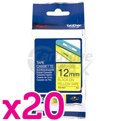 20 x Brother TZe-631 Original 12mm Black Text on Yellow Laminated Tape - 8 meters