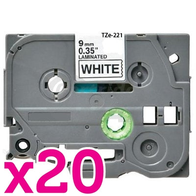 20 x Brother TZe-221 Generic 9mm Black Text on White Laminated Tape - 8 meters