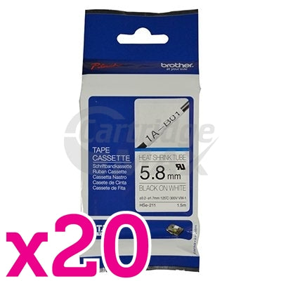 20 x Brother HSe-211 Original 5.8mm Black Text on White Heat Shrink Tube Tape - 1.5 meters