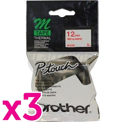 3 x Brother M-K232 Original 12mm Red Text on White Tape - 8 meters