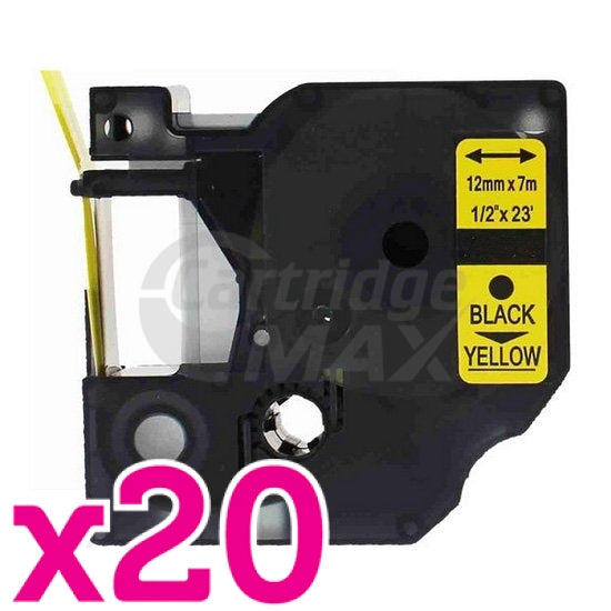 20 x Dymo SD45018 / S0720580 Generic 12mm Black Text on Yellow Label Cassette - 7 meters