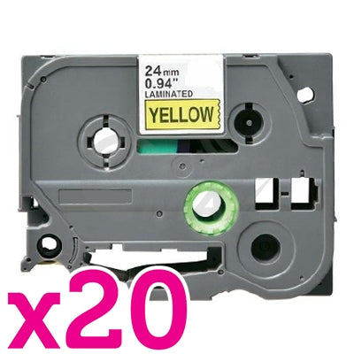 20 x Brother TZe-651 Generic 24mm Black Text on Yellow Laminated Tape - 8 meters