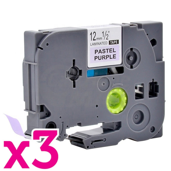 3 x Brother TZe-MQF31 Generic 12mm Black on Pastel Purple Laminated Tape - 4 metres