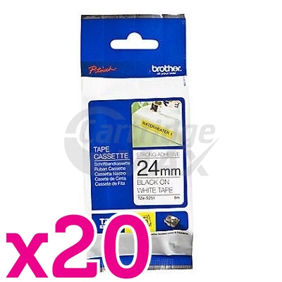 20 x Brother TZe-S251 Original 24mm Black Text on White Strong Adhesive Laminated Tape - 8 metres