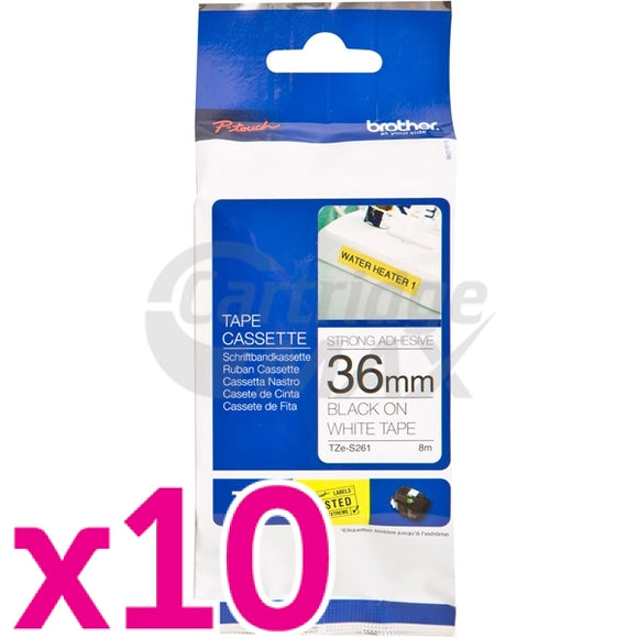 10 x Brother TZe-S261 Original 36mm Black Text on White Strong Adhesive Laminated Tape - 8 metres