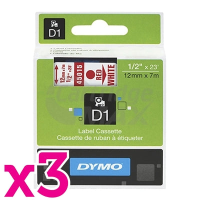3 x Dymo SD45015 / S0720550 Original 12mm Red Text on White Label Cassette - 7 meters