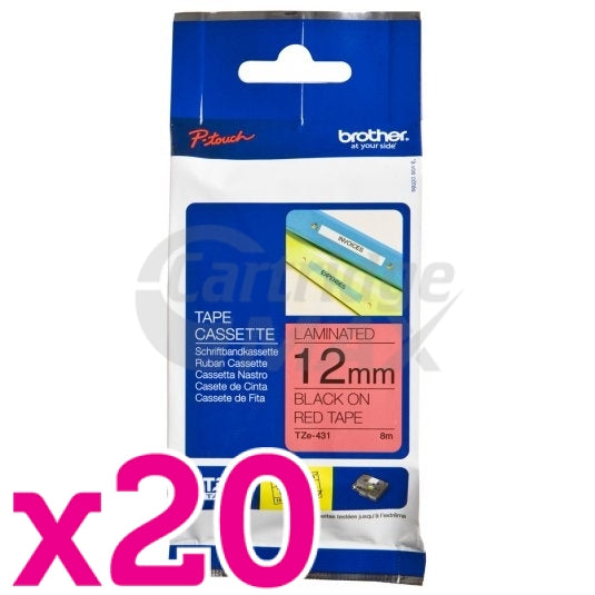 20 x Brother TZe-431 Original 12mm Black Text on Red Laminated Tape - 8 meters