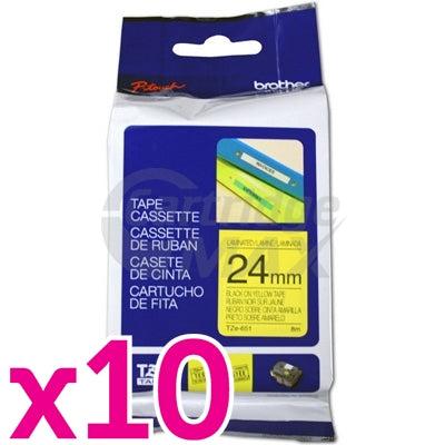 10 x Brother TZe-651 Original 24mm Black Text on Yellow Laminated Tape - 8 meters