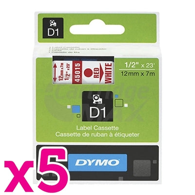 5 x Dymo SD45015 / S0720550 Original 12mm Red Text on White Label Cassette - 7 meters