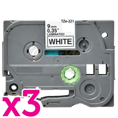 3 x Brother TZe-221 Generic 9mm Black Text on White Laminated Tape - 8 meters