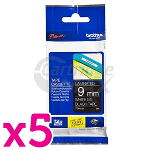 5 x Brother TZe-325 Original 9mm White Text on Black Laminated Tape - 8 meters