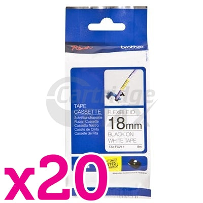 20 x Brother TZe-FX241 Original 18mm Black Text on White Flexible ID Laminated Tape - 8 metres