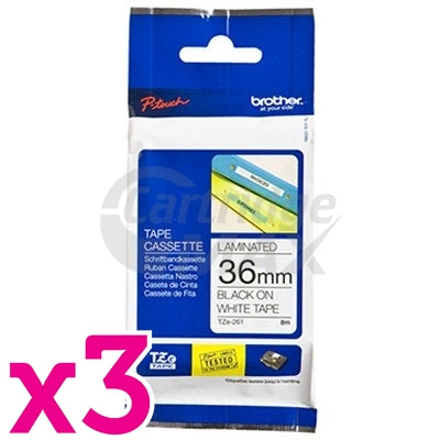 3 x Brother TZe-261 Original 36mm Black Text on White Laminated Tape - 8 meters