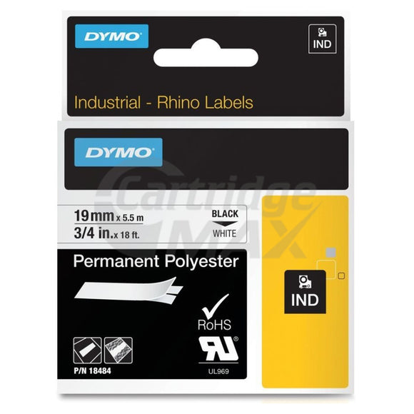 Dymo SD18484 Original 19mm Black Text on White Permanent Polyester Industrial Rhino Label Cassette - 5.5 meters