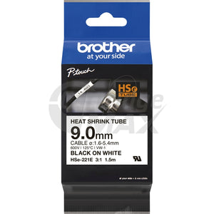 Brother HSe-221E Original 9mm Black Text on White Heat Shrink Tube Tape - 1.5 meters