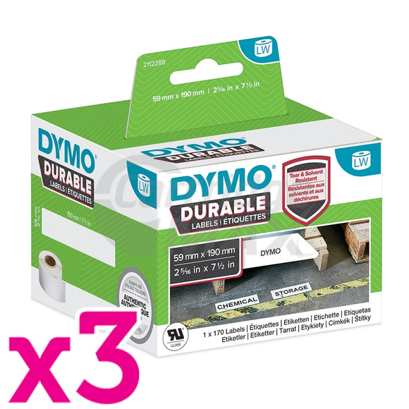 3 x Dymo 1933087 Original Durable Industrial White Label Roll 59mm x 190mm - 170 labels per roll
