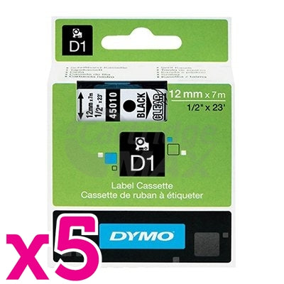 5 x Dymo SD45010 / S0720500 Original 12mm Black Text on Clear Label Cassette - 7 meters