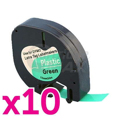 10 x Dymo SD91204 Generic 12mm x 4m Black On Green LetraTag Plastic Tape
