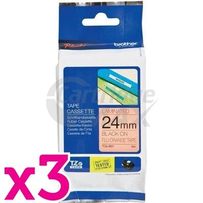 3 x Brother TZe-B51 Original 24mm Black Text on Orange Fluorescent Tape - 5 meters