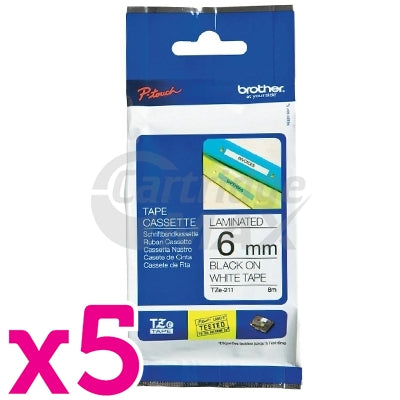 5 x Brother TZe-211 Original 6mm Black Text on White Laminated Tape - 8 meters
